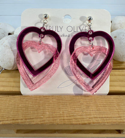 Connected Pink Double Heart Earrings