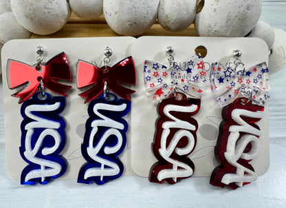 Patriotic USA Bow Dangle Earrings