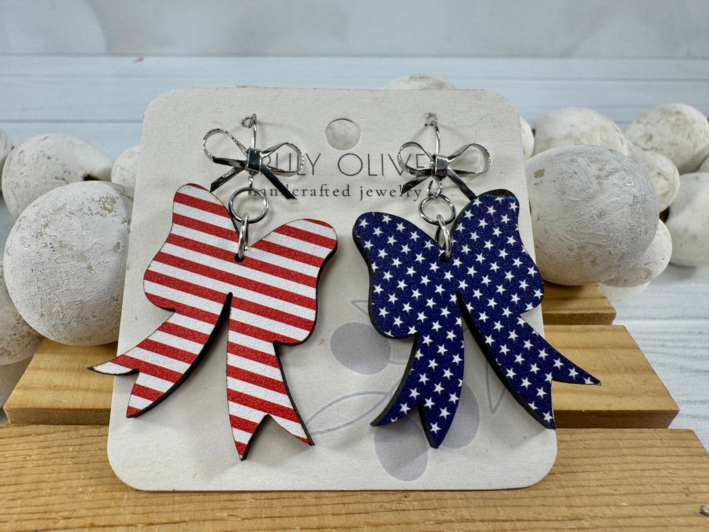 Patriotic Coquette Bow Red White and Blue Earrings