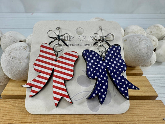 Patriotic Coquette Bow Red White and Blue Earrings