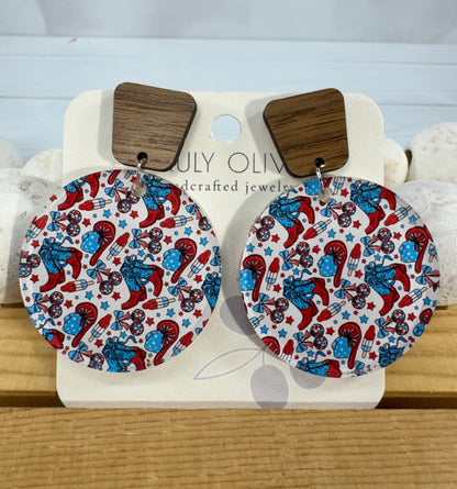Patriotic Tiered Western Boots and Hat Post Back Earrings