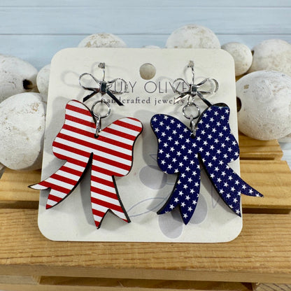 Patriotic Coquette Bow Red White and Blue Earrings
