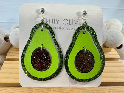 Sparkly Avocado Green Glitter Avocado Dangle Earrings