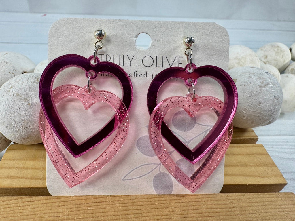 Connected Pink Double Heart Earrings
