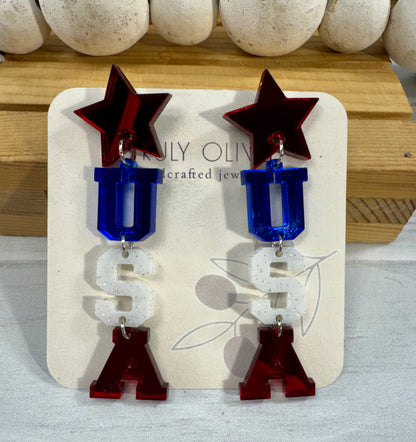 Patriotic Lettered USA Earring Dangles