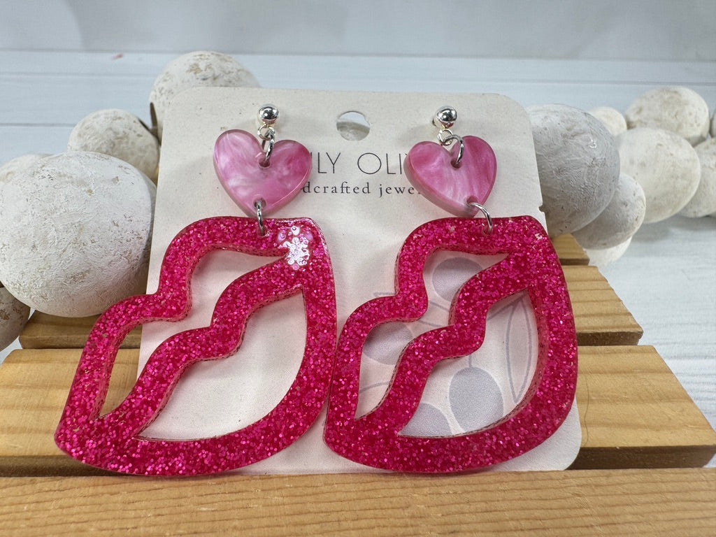 Hot Pink and Light Pink Lip and Heart Earrings
