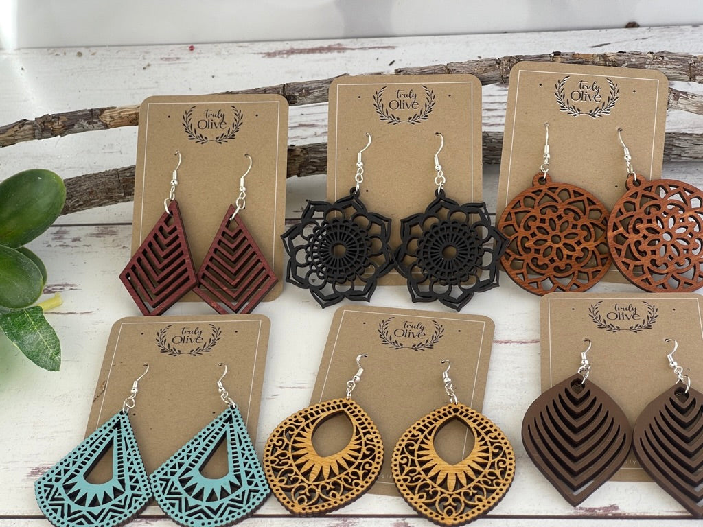 Vintage Wood Mandala Earrings Teardrops