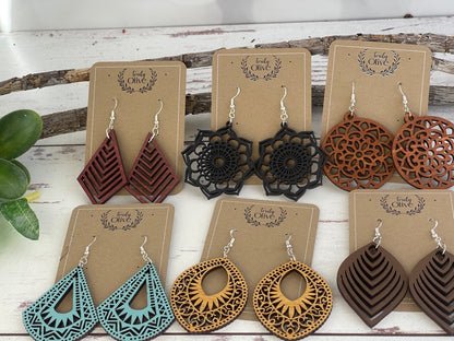 Vintage Wood Mandala Earrings Teardrops