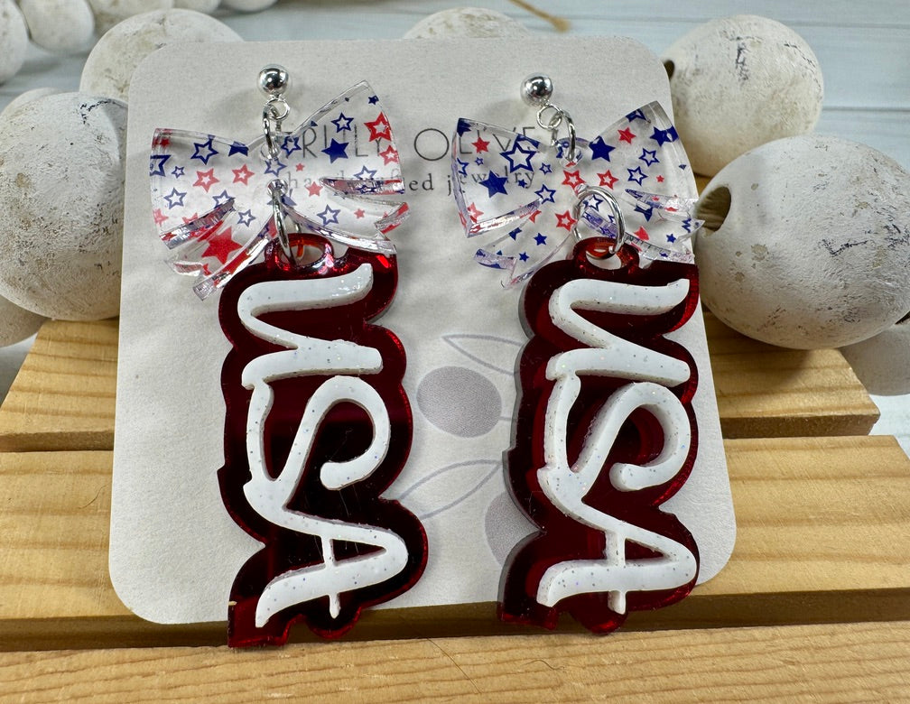 Patriotic USA Bow Dangle Earrings