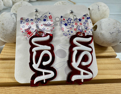 Patriotic USA Bow Dangle Earrings