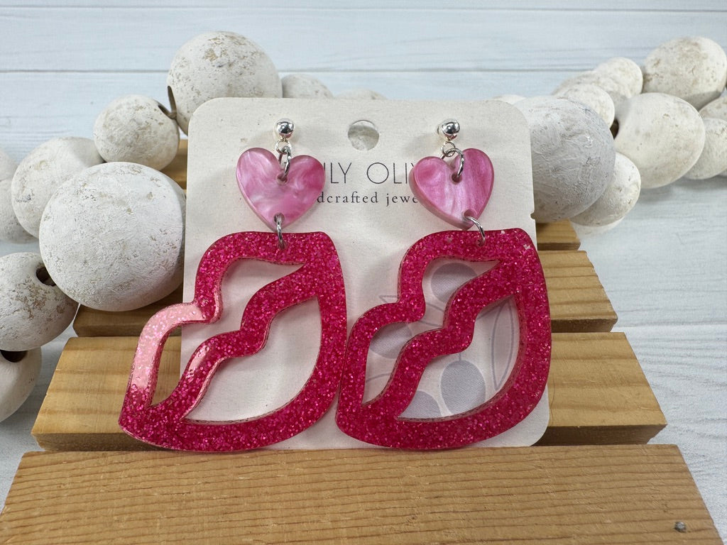 Hot Pink and Light Pink Lip and Heart Earrings