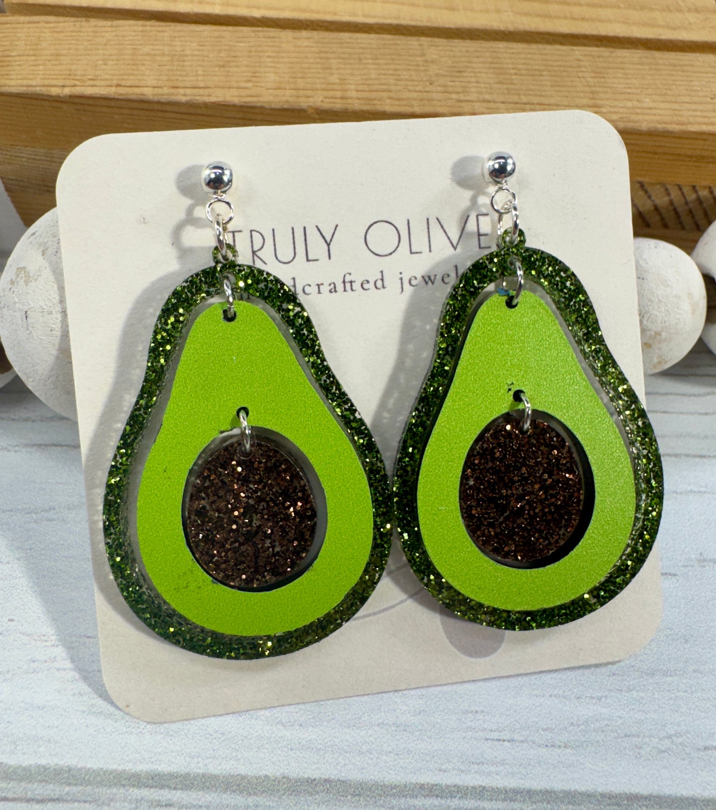 Sparkly Avocado Green Glitter Avocado Dangle Earrings