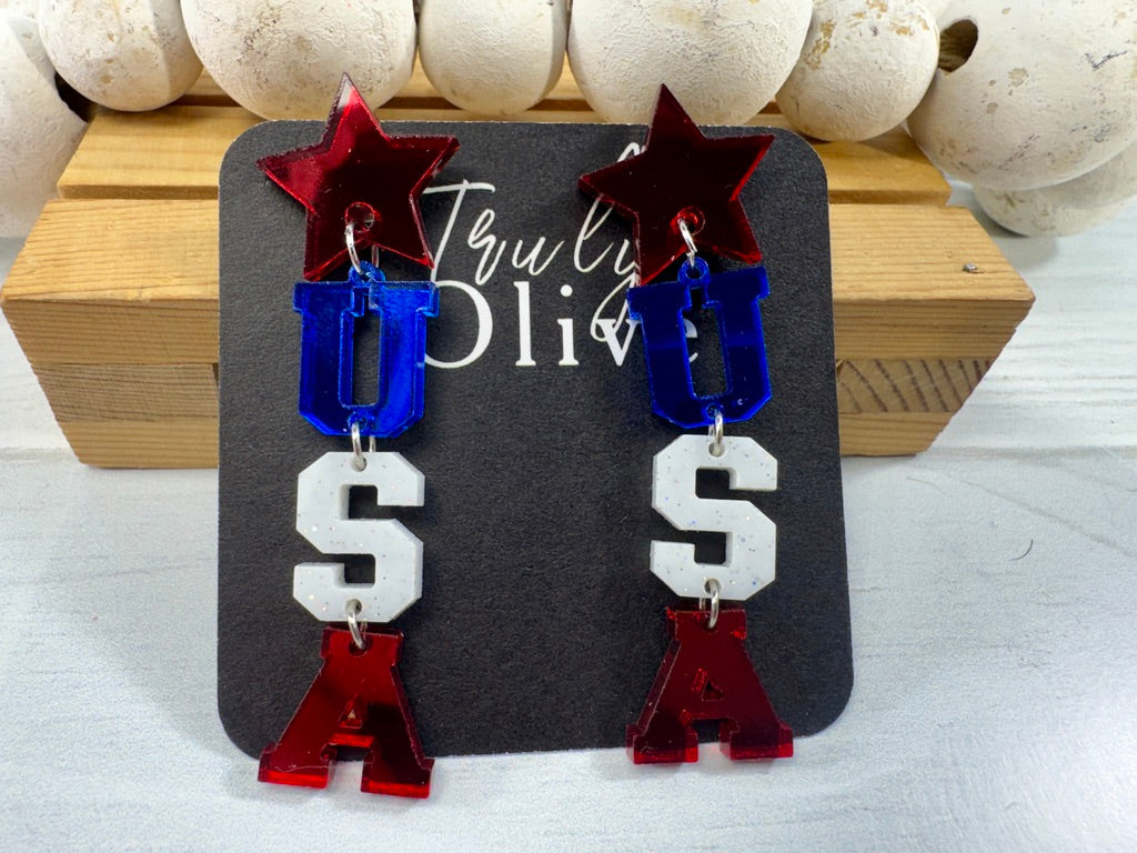 Patriotic Lettered USA Earring Dangles