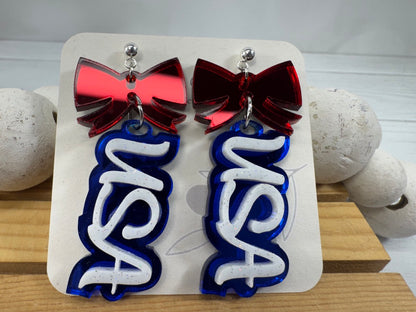 Patriotic USA Bow Dangle Earrings