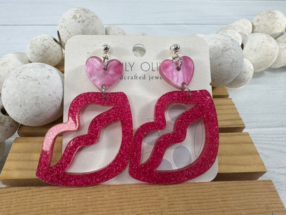 Hot Pink and Light Pink Lip and Heart Earrings