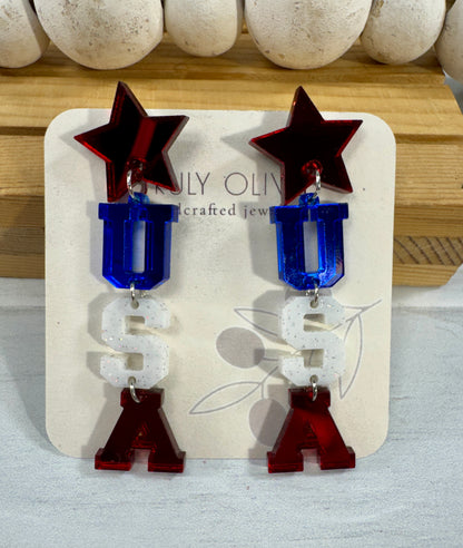 Patriotic Lettered USA Earring Dangles