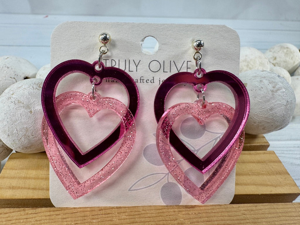 Connected Pink Double Heart Earrings