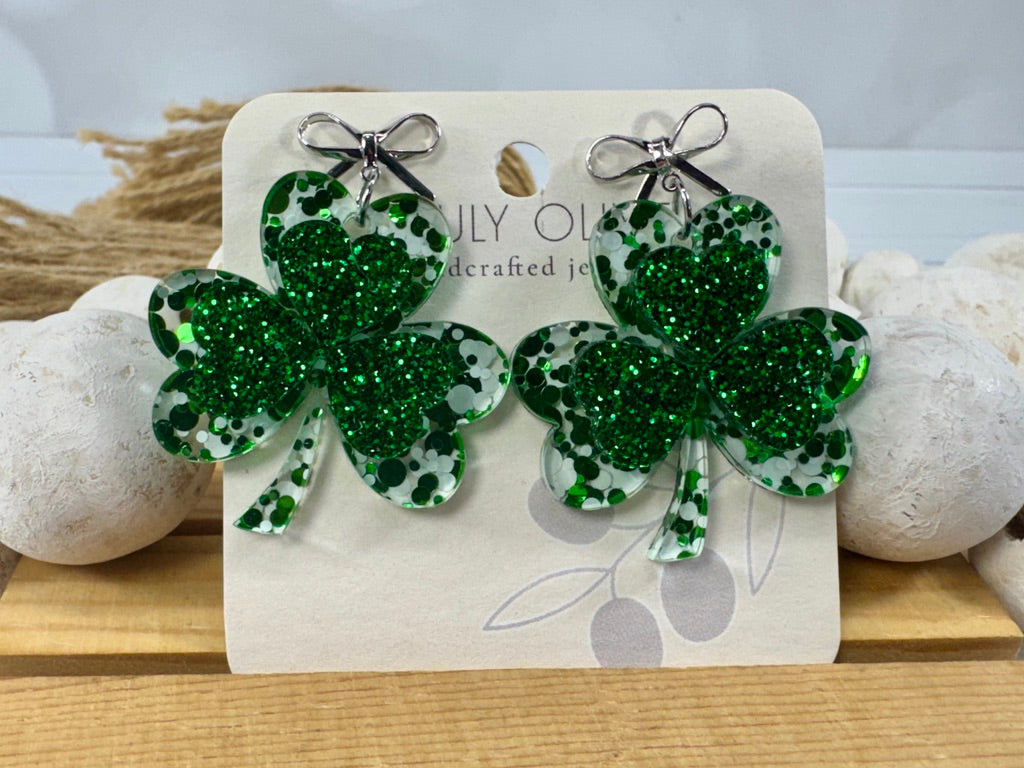 St Patty's Day 4 Leaf Clover Dangle Earrings