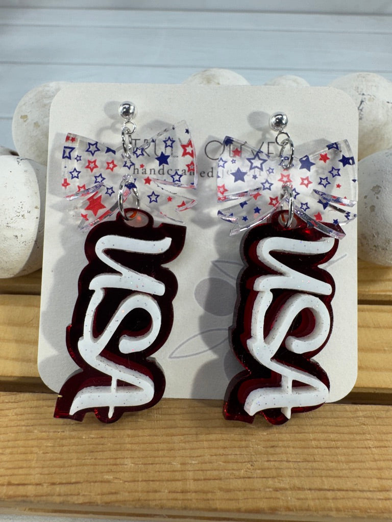 Patriotic USA Bow Dangle Earrings