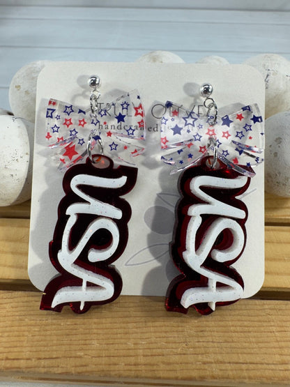 Patriotic USA Bow Dangle Earrings