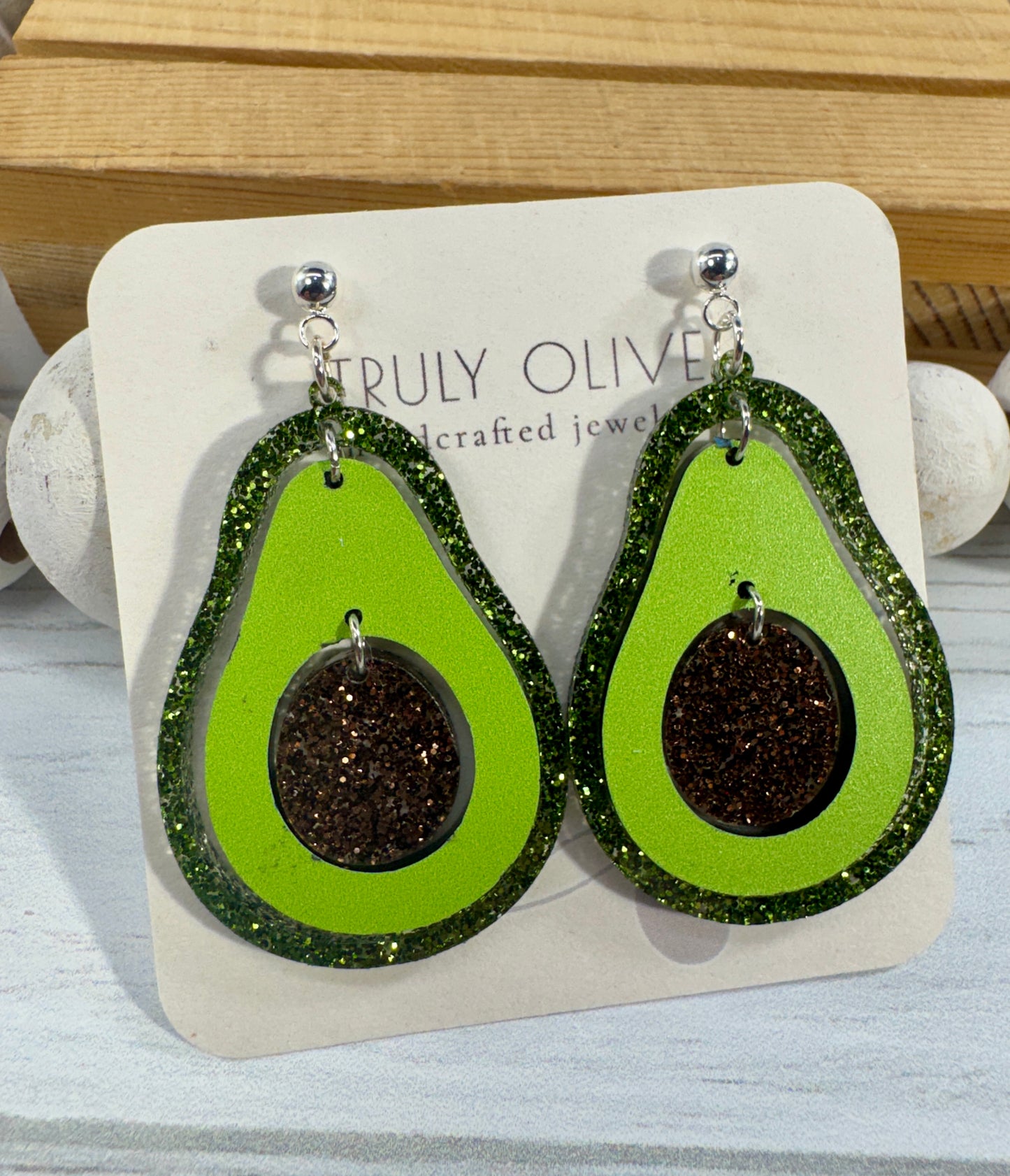 Sparkly Avocado Green Glitter Avocado Dangle Earrings