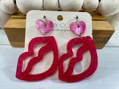 Hot Pink and Light Pink Lip and Heart Earrings