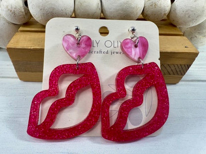 Hot Pink and Light Pink Lip and Heart Earrings