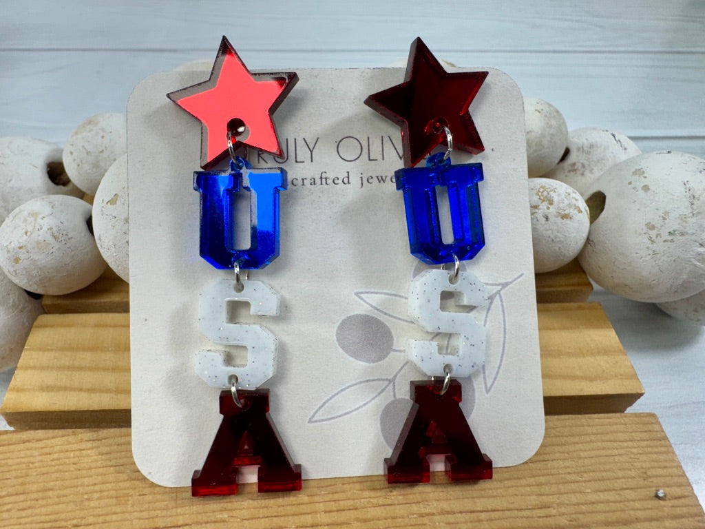 Patriotic Lettered USA Earring Dangles