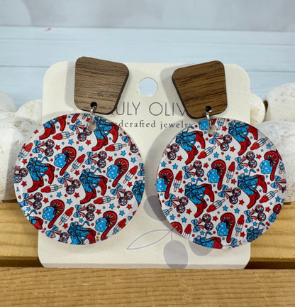 Patriotic Tiered Western Boots and Hat Post Back Earrings