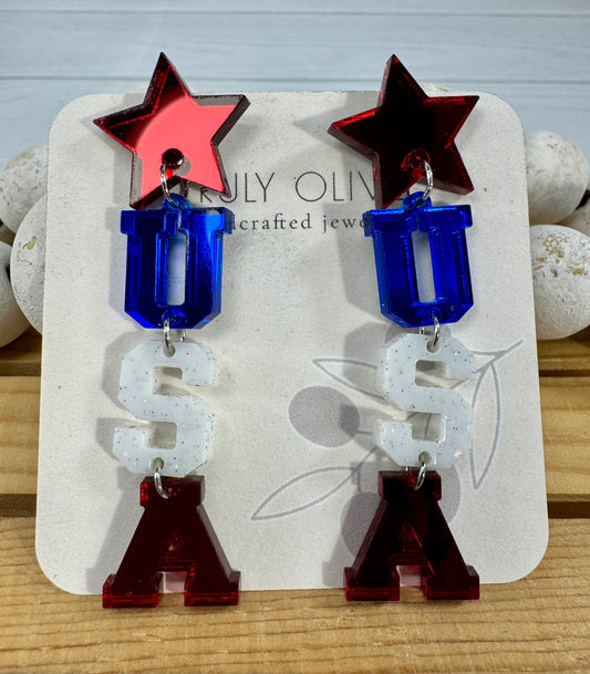 Patriotic Lettered USA Earring Dangles