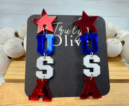 Patriotic Lettered USA Earring Dangles