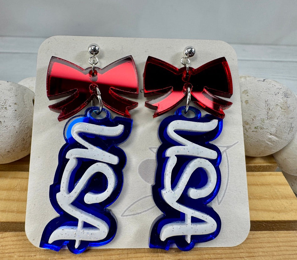 Patriotic USA Bow Dangle Earrings