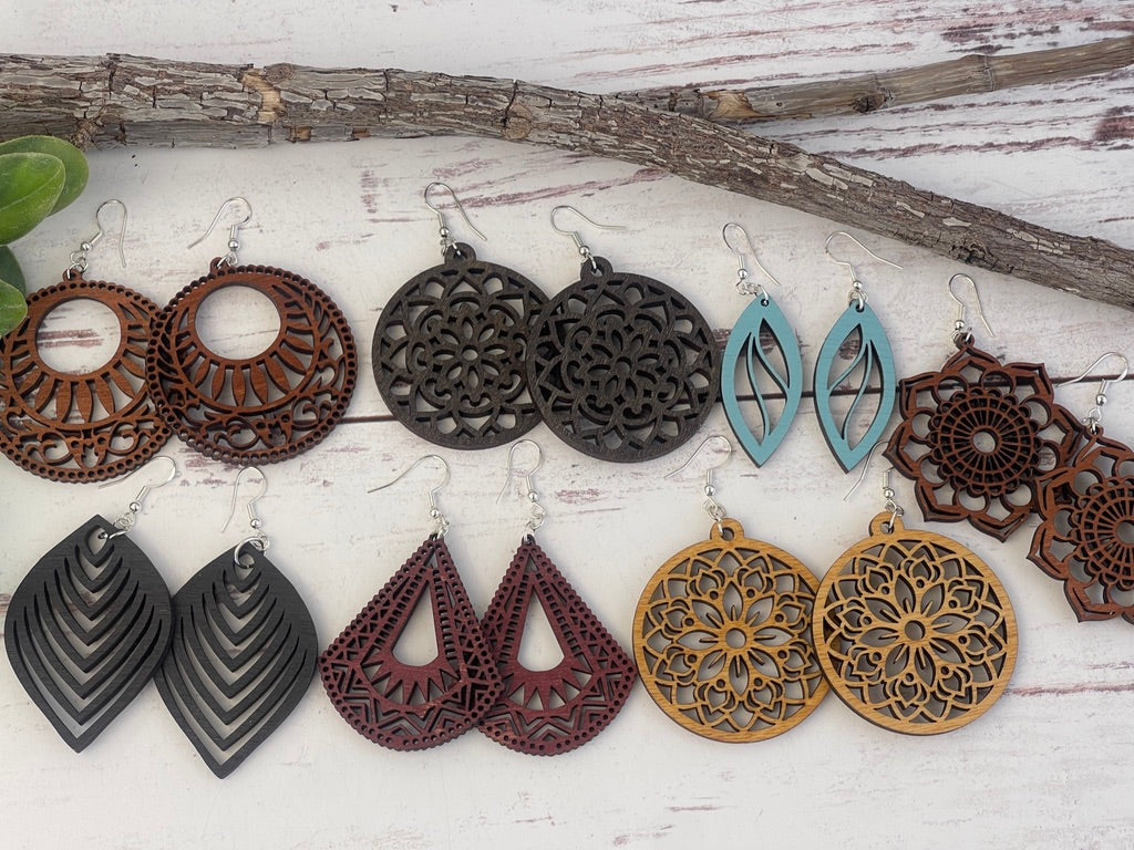 Vintage Wood Mandala Earrings Teardrops
