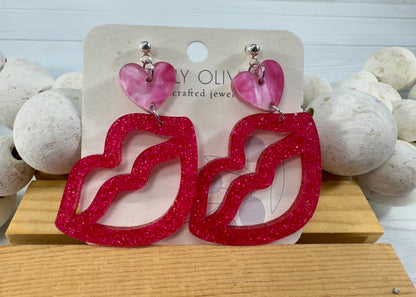 Hot Pink and Light Pink Lip and Heart Earrings