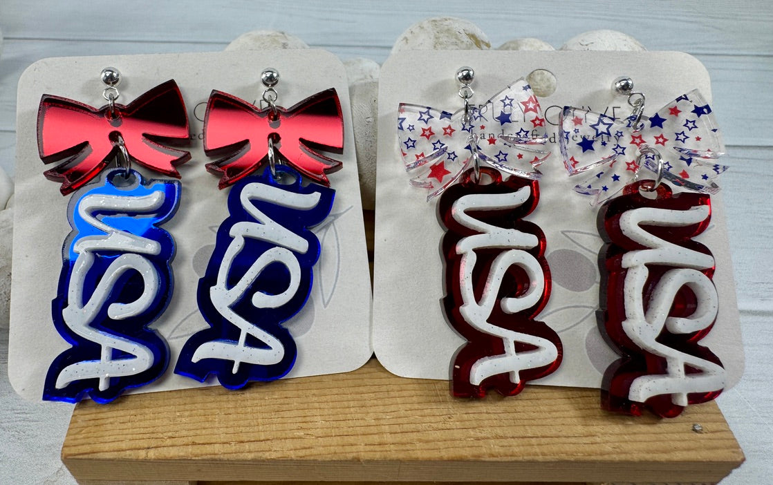 Patriotic USA Bow Dangle Earrings
