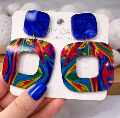 Blue Swirl Walnut Wood Statement Earrings