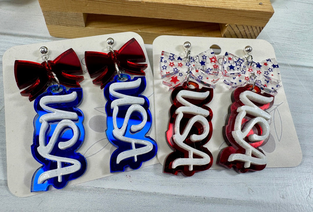 Patriotic USA Bow Dangle Earrings