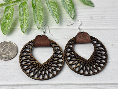 Filigree Natural Wood and Leather Lightweight Hoop Earrings