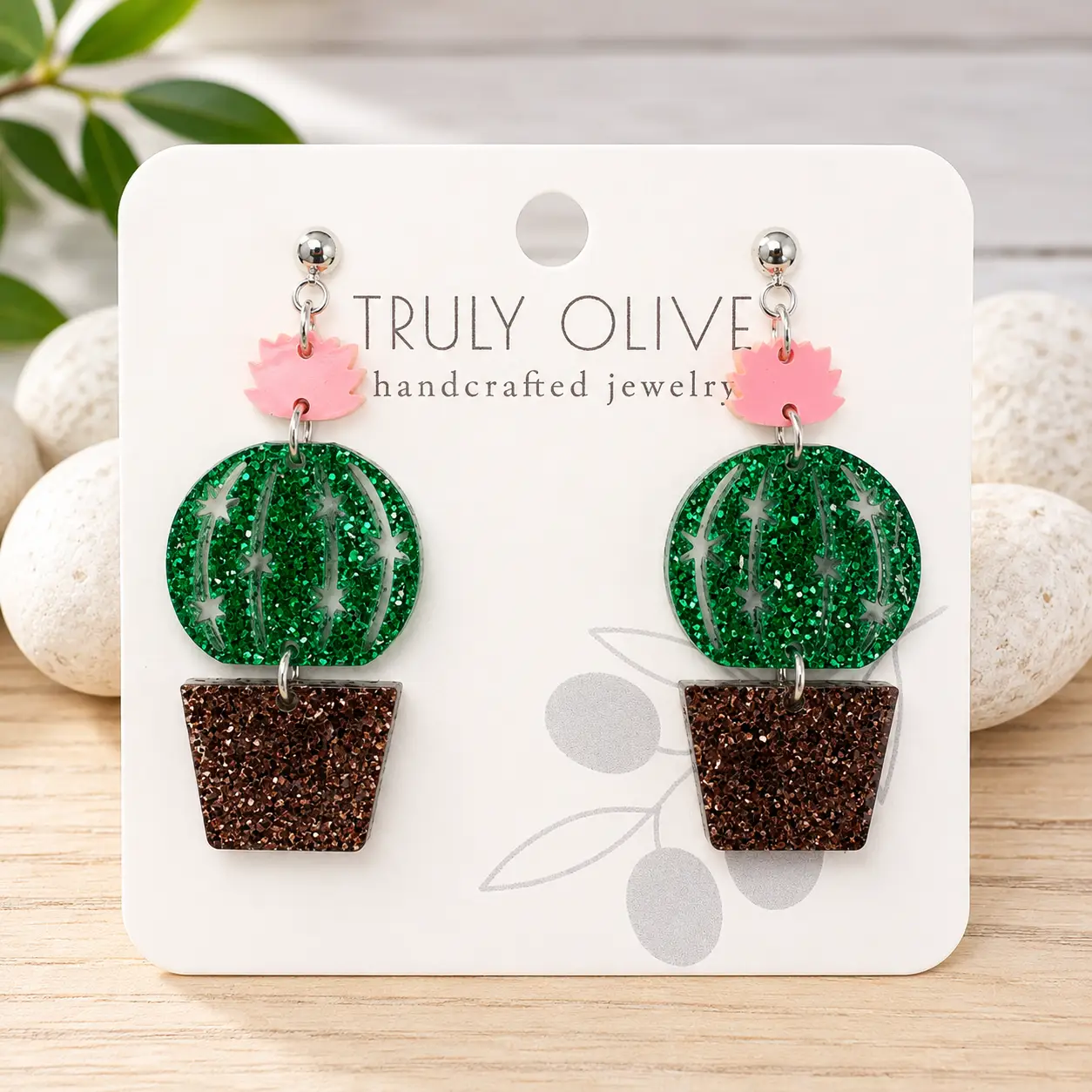 Truly Olive Glittery Sparkly Cactus Earrings – Cute Succulent Dangle Earrings for Plant Lovers - Earrings Stud/Post Earrings