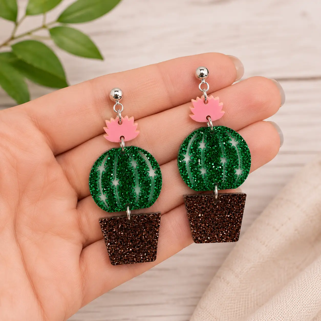 Truly Olive Glittery Sparkly Cactus Earrings – Cute Succulent Dangle Earrings for Plant Lovers - Earrings Stud/Post Earrings