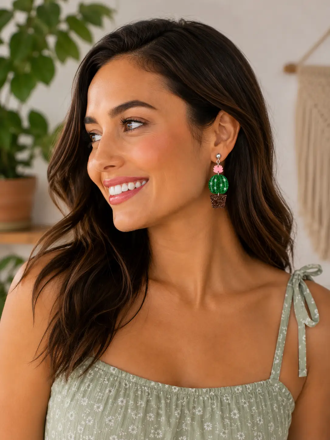 Truly Olive Glittery Sparkly Cactus Earrings – Cute Succulent Dangle Earrings for Plant Lovers - Earrings Stud/Post Earrings