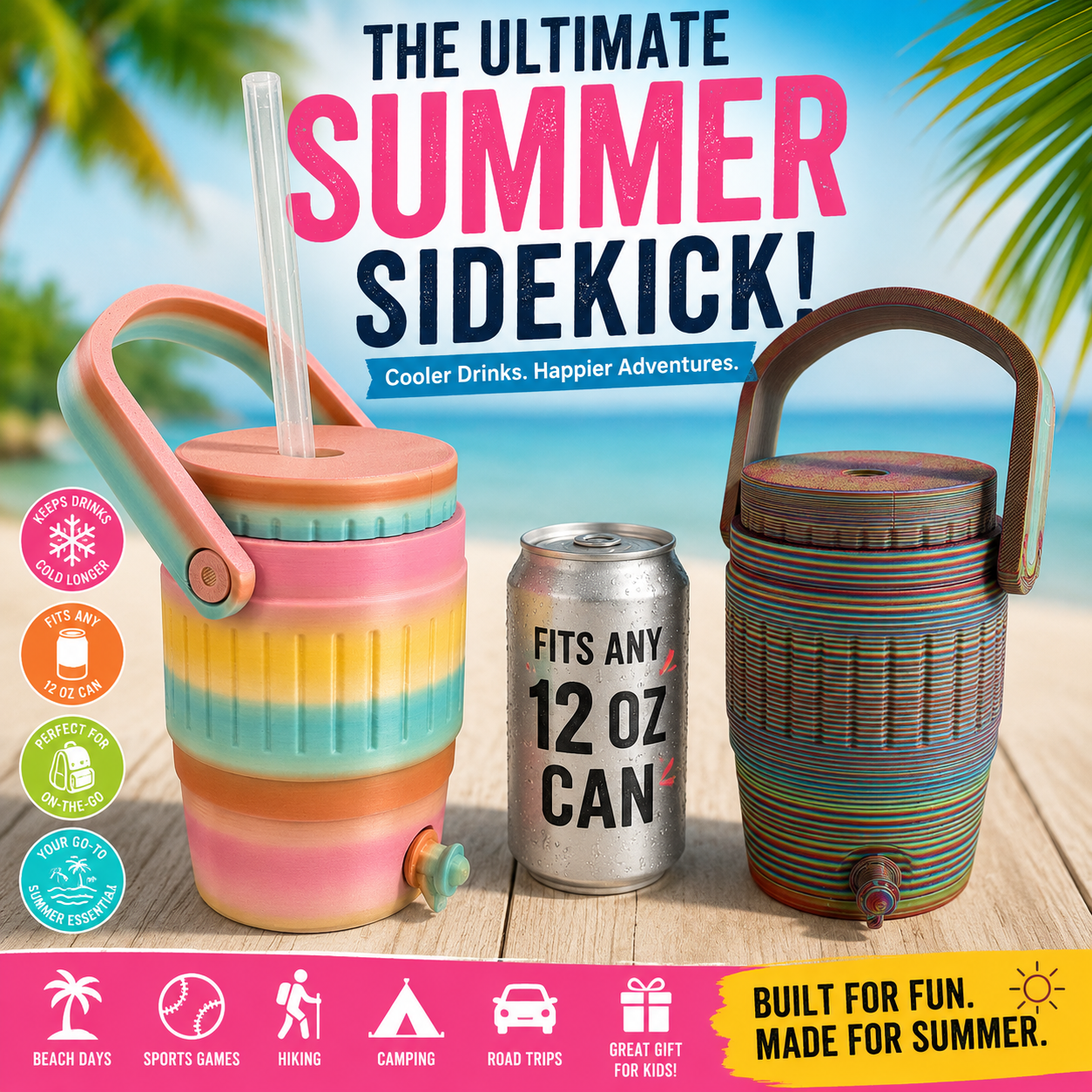 Kids Can Cooler Tumbler | Fits Any 12 oz Can | Summer Kids Drink Holder | Insulated Kids Cup with Straw | Backpack Travel Tumbler | Hiking Baseball Game Cup | Pastel Rainbow Kids Gift