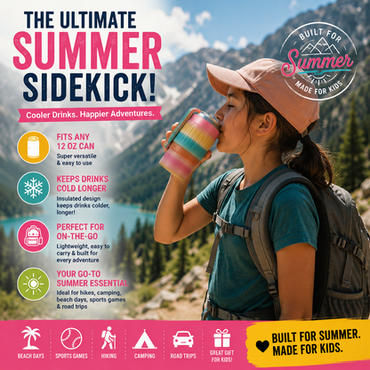 Kids Can Cooler Tumbler | Fits Any 12 oz Can | Summer Kids Drink Holder | Insulated Kids Cup with Straw | Backpack Travel Tumbler | Hiking Baseball Game Cup | Pastel Rainbow Kids Gift