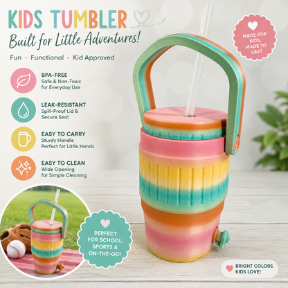 Kids Can Cooler Tumbler | Fits Any 12 oz Can | Summer Kids Drink Holder | Insulated Kids Cup with Straw | Backpack Travel Tumbler | Hiking Baseball Game Cup | Pastel Rainbow Kids Gift