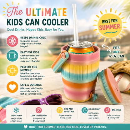 Kids Can Cooler Tumbler | Fits Any 12 oz Can | Summer Kids Drink Holder | Insulated Kids Cup with Straw | Backpack Travel Tumbler | Hiking Baseball Game Cup | Pastel Rainbow Kids Gift