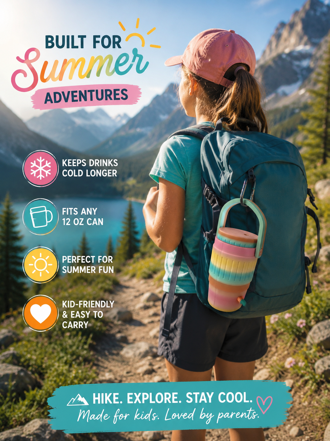 Kids Can Cooler Tumbler | Fits Any 12 oz Can | Summer Kids Drink Holder | Insulated Kids Cup with Straw | Backpack Travel Tumbler | Hiking Baseball Game Cup | Pastel Rainbow Kids Gift