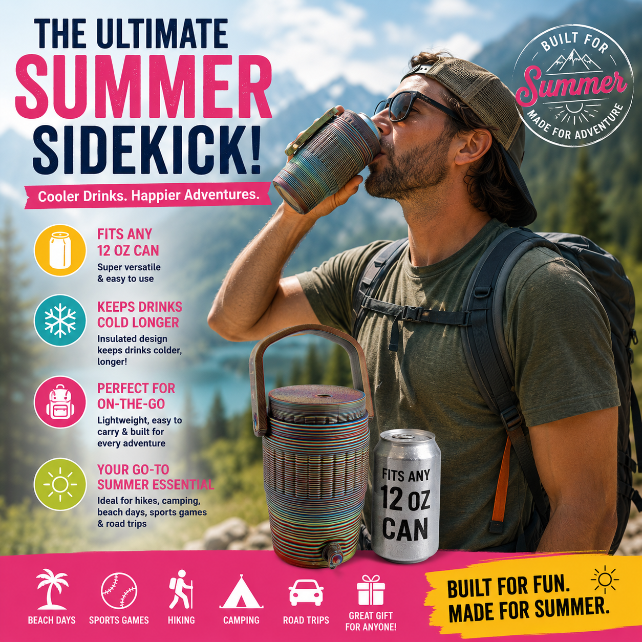 Kids Can Cooler Tumbler | Fits Any 12 oz Can | Summer Kids Drink Holder | Insulated Kids Cup with Straw | Backpack Travel Tumbler | Hiking Baseball Game Cup | Pastel Rainbow Kids Gift