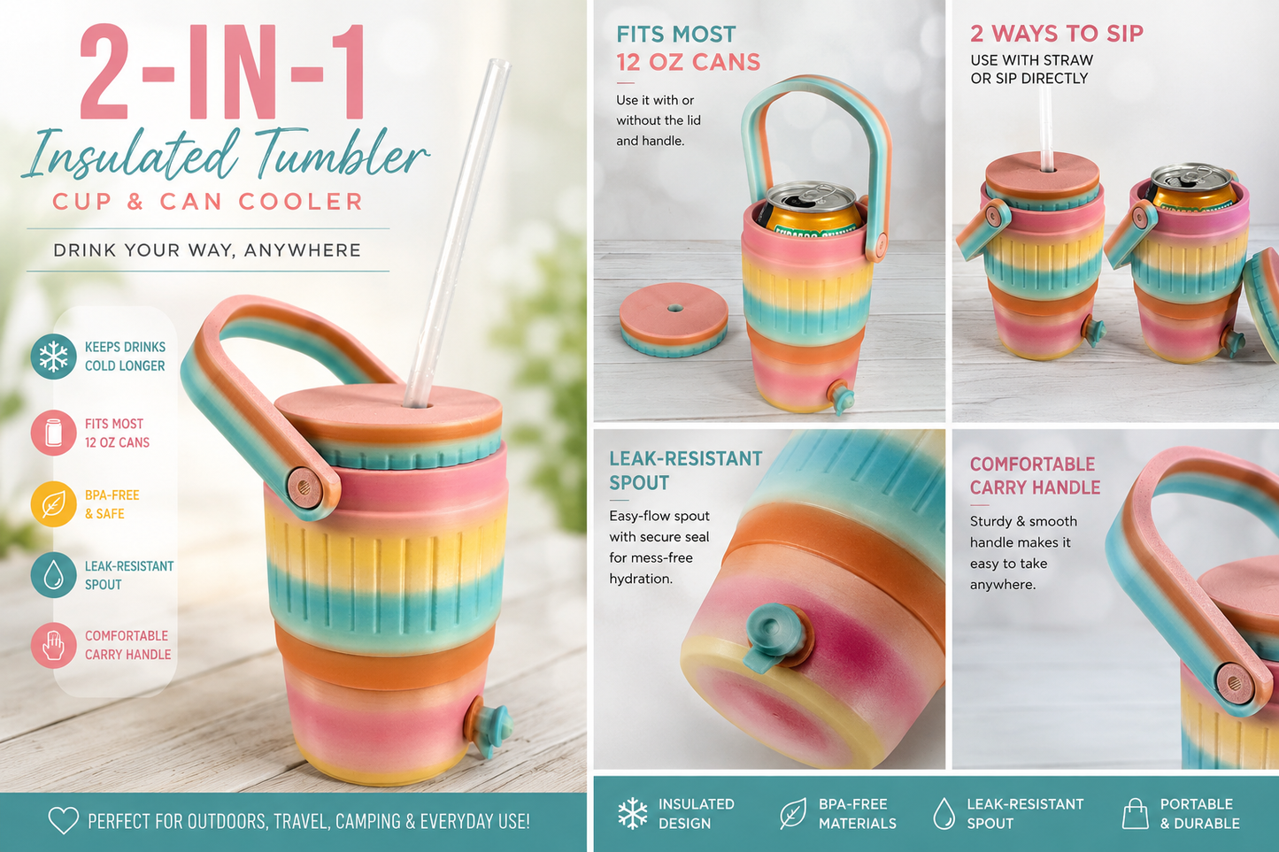 Kids Can Cooler Tumbler | Fits Any 12 oz Can | Summer Kids Drink Holder | Insulated Kids Cup with Straw | Backpack Travel Tumbler | Hiking Baseball Game Cup | Pastel Rainbow Kids Gift