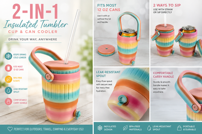 Kids Can Cooler Tumbler | Fits Any 12 oz Can | Summer Kids Drink Holder | Insulated Kids Cup with Straw | Backpack Travel Tumbler | Hiking Baseball Game Cup | Pastel Rainbow Kids Gift