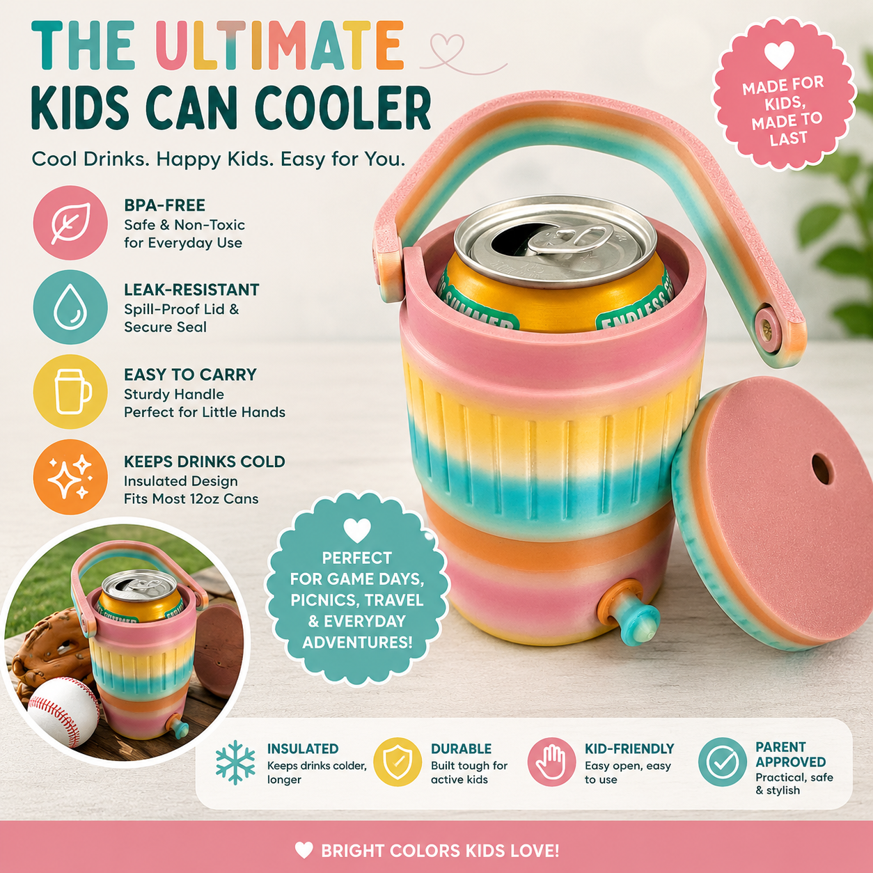 Kids Can Cooler Tumbler | Fits Any 12 oz Can | Summer Kids Drink Holder | Insulated Kids Cup with Straw | Backpack Travel Tumbler | Hiking Baseball Game Cup | Pastel Rainbow Kids Gift